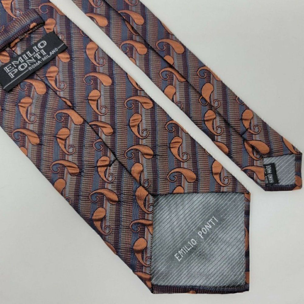 EMILIO PONTI ITALY SILK TIE COPPER PAISLEY STRIPE - Picture 2 of 2